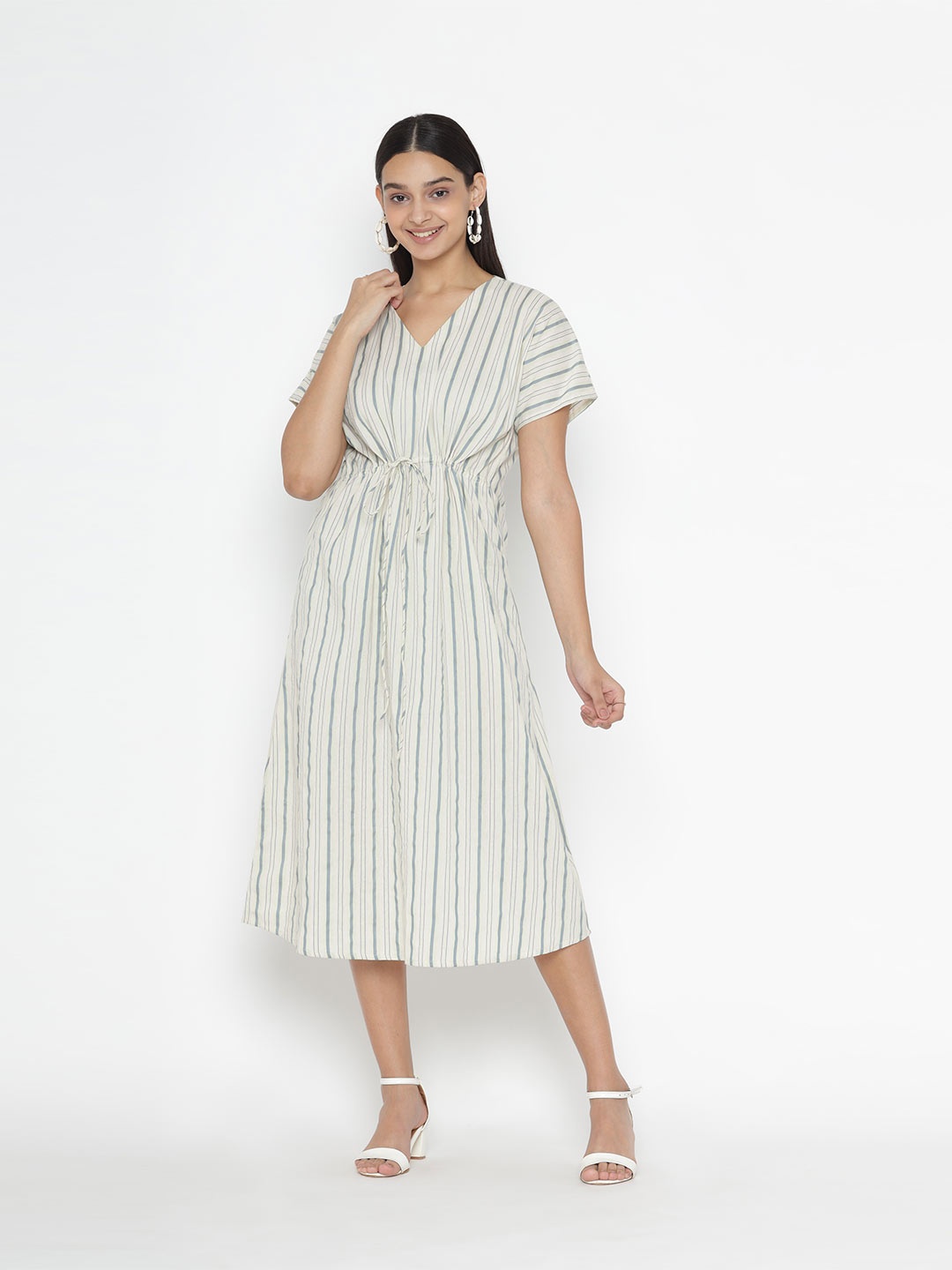 

OCTICS Women Cream-Coloured Striped Crepe A-Line Cotton Midi Dress