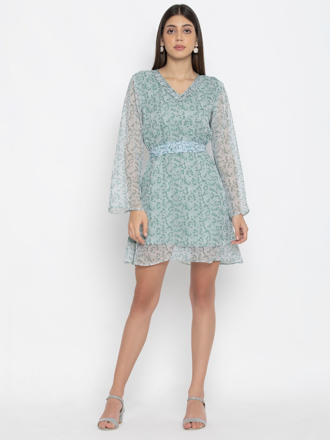 

OCTICS Green Floral Georgette A-Line Dress