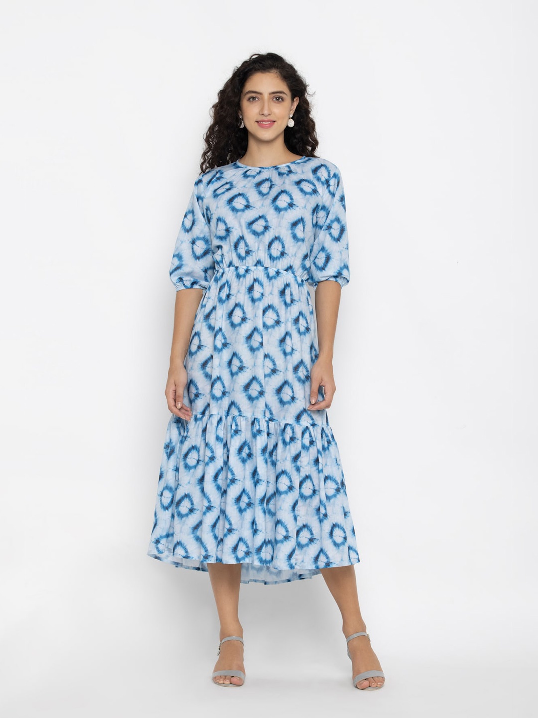 

OCTICS Women Blue Tie and Dye A-Line Midi Dress