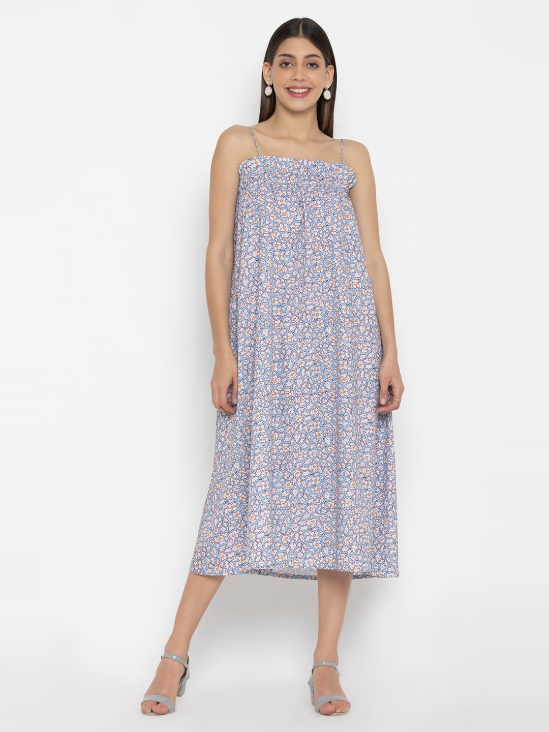 

OCTICS Women Blue Floral Print Shoulder Straps A-Line Midi Dress