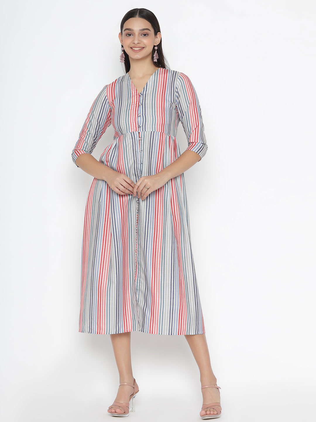 

OCTICS Women Blue Striped A-Line Midi Dress