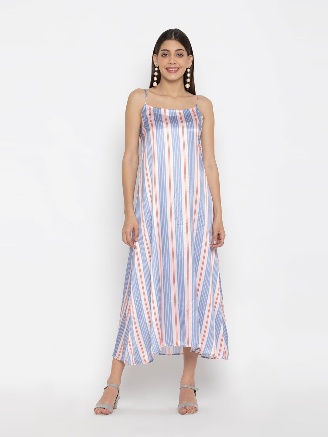 

OCTICS Women Blue Striped Satin A-Line Maxi Dress