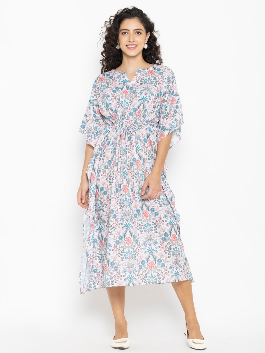 

OCTICS White & Blue Floral Kaftan Midi Dress