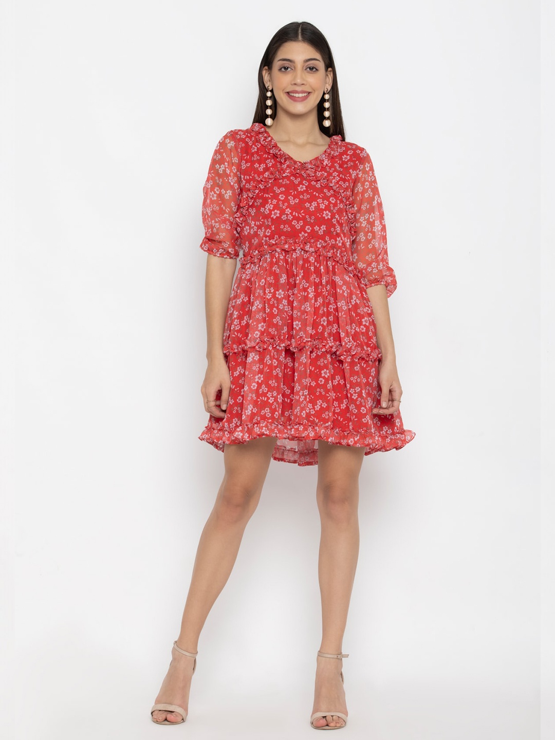 

OCTICS Red Floral Georgette Dress