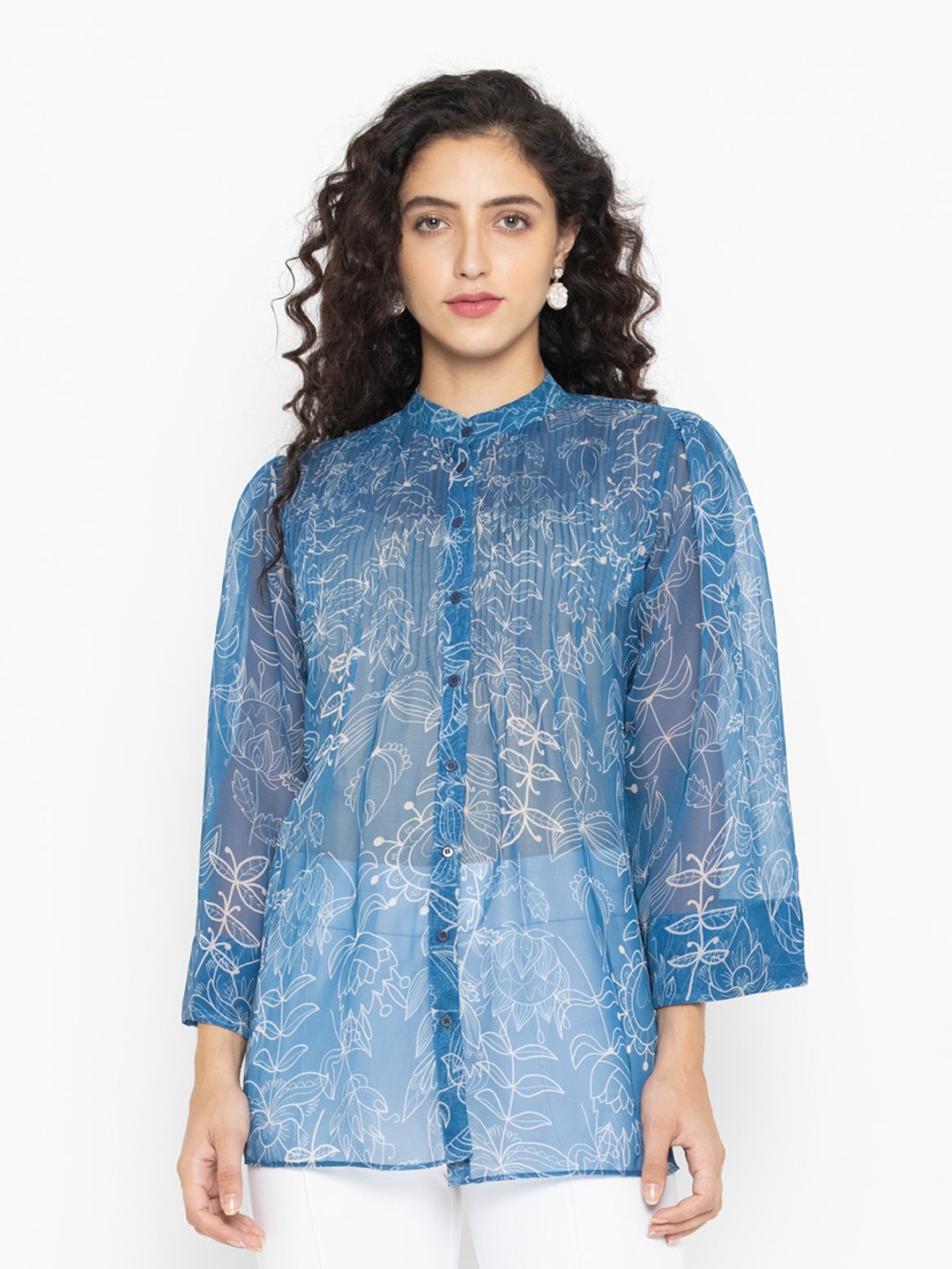 

OCTICS Blue & Beige Floral Print Mandarin Collar Georgette Shirt Style Top