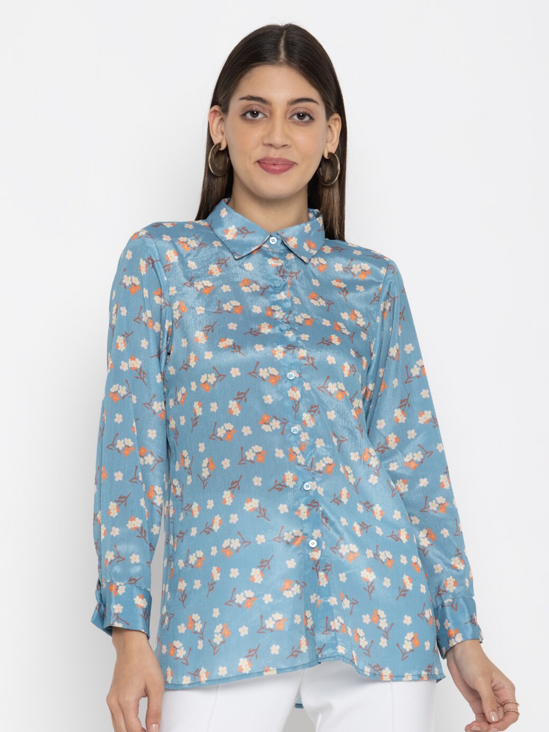 

OCTICS Blue Floral Print Shirt Collar Chiffon Top