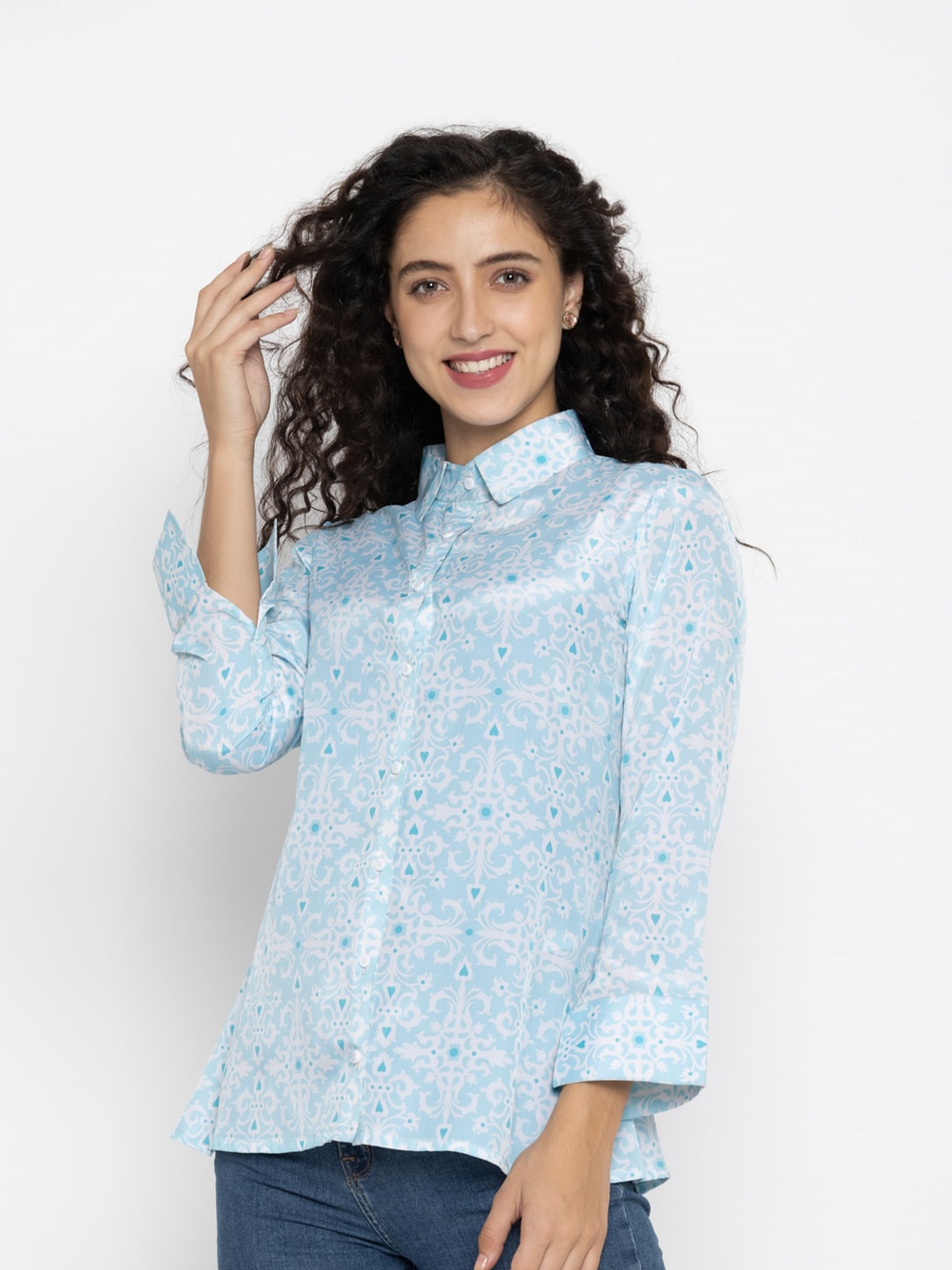 

OCTICS Women Blue Printed Shirt Style Top