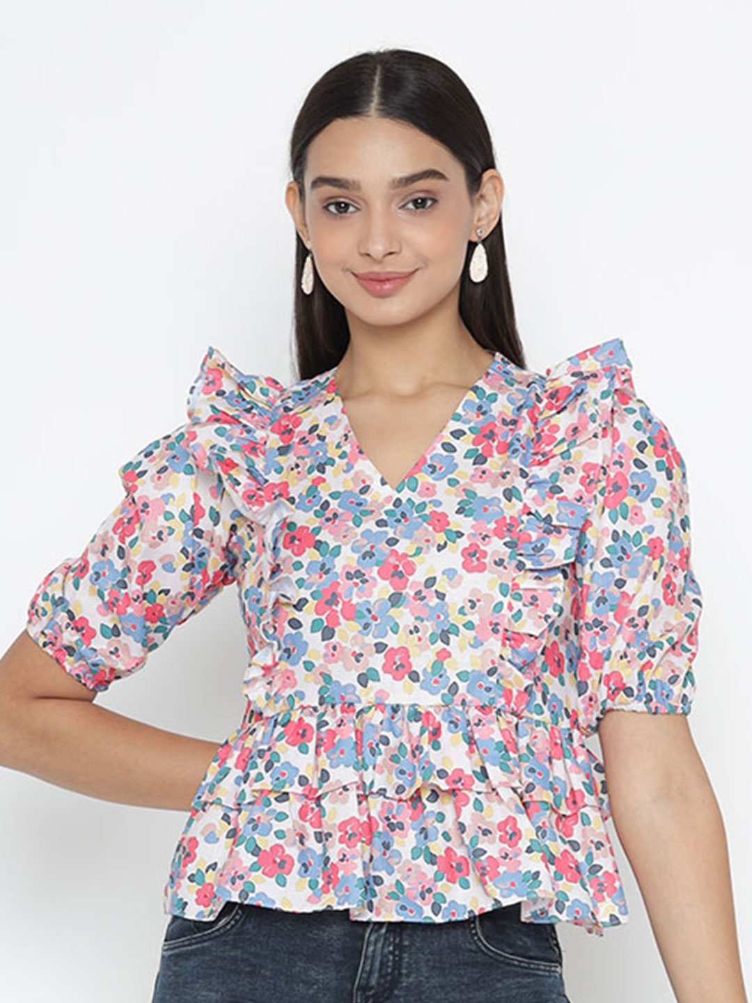

OCTICS Multicoloured Floral Print Blouson Top, Multi