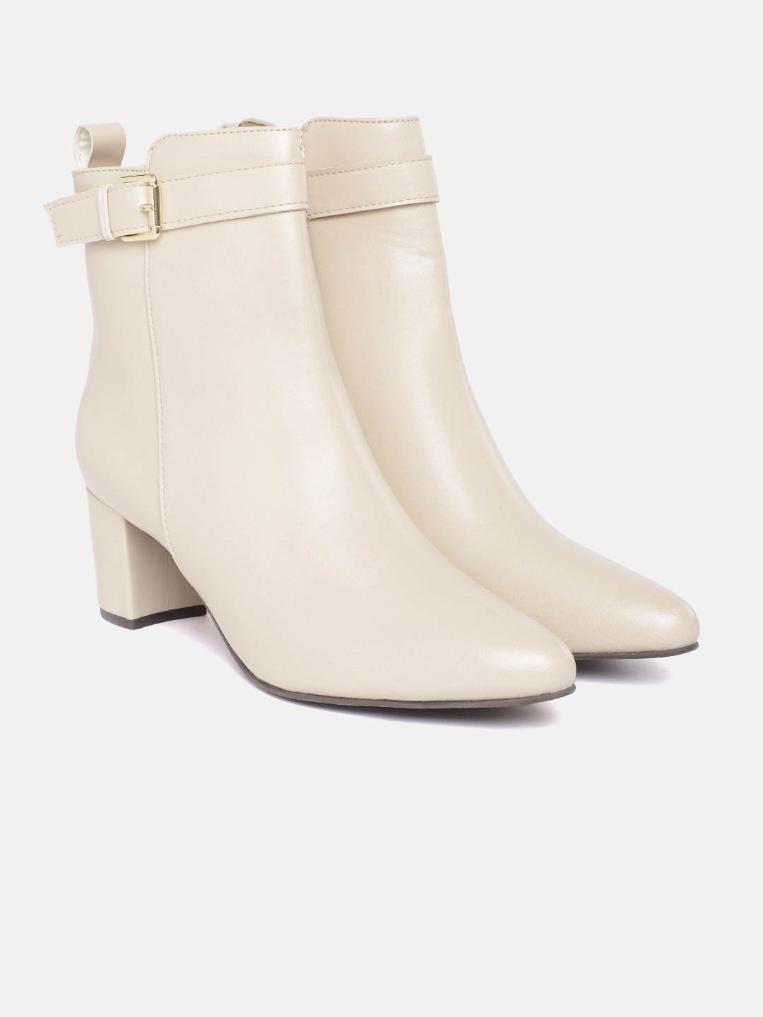 

DressBerry Women Mid-Top Block Heeled Boots with Buckle Detail, Beige