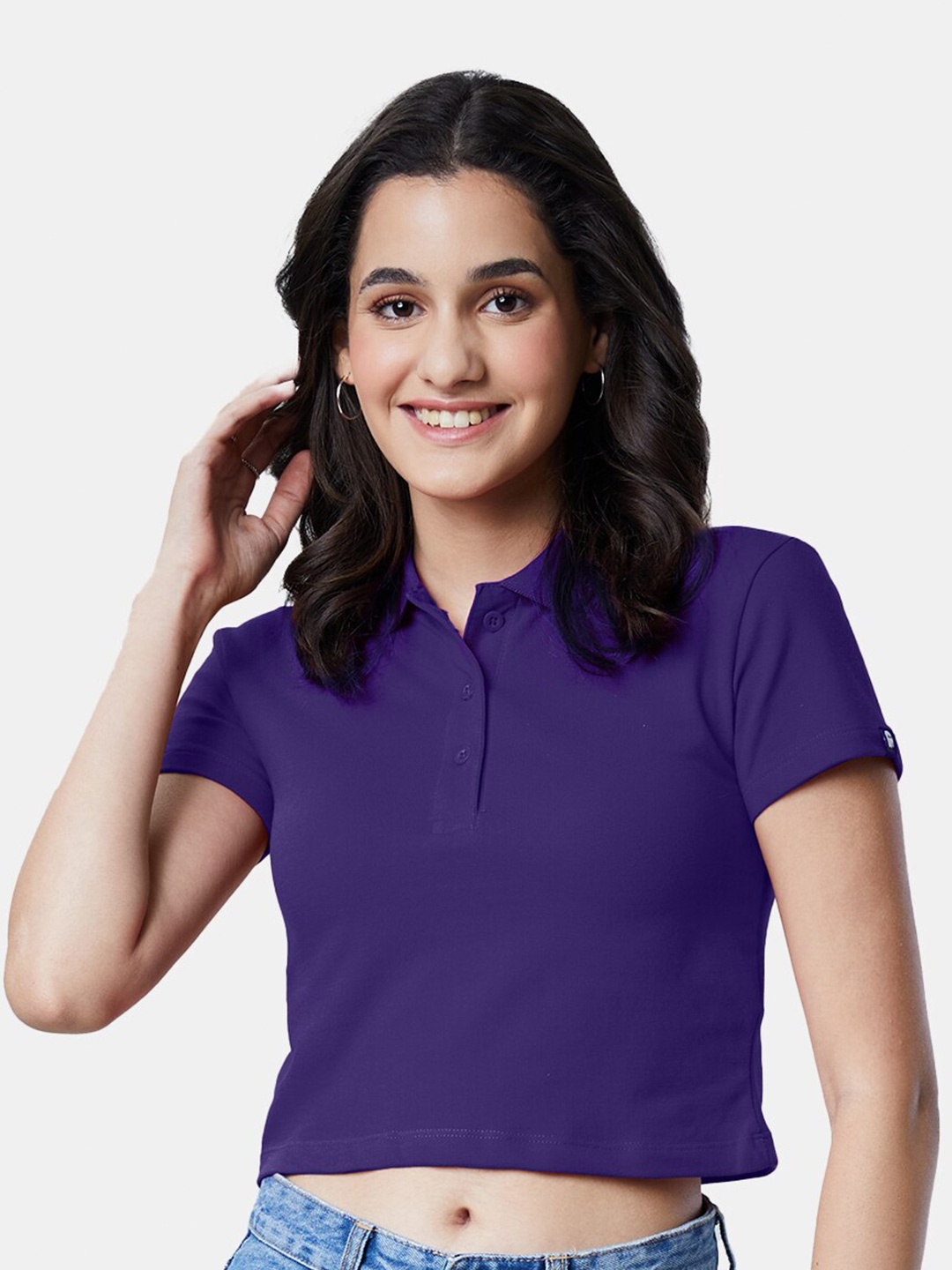 

The Souled Store Women Purple Polo Collar Cotton T-shirt