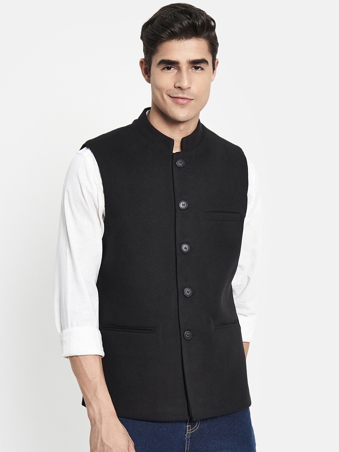 

METTLE Men Black Solid Woven Nehru Jacket