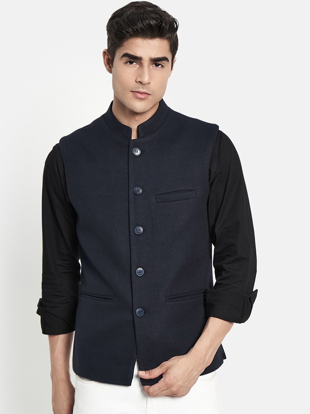 

METTLE Men Navy-Blue Solid Woven Nehru Jacket