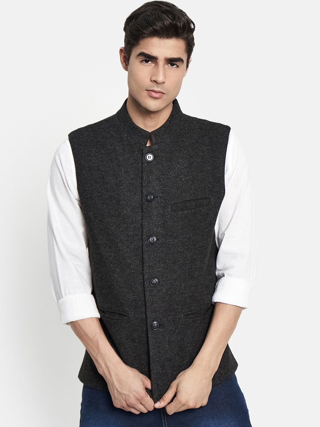 

METTLE Men Black Solid Woven Nehru Jacket