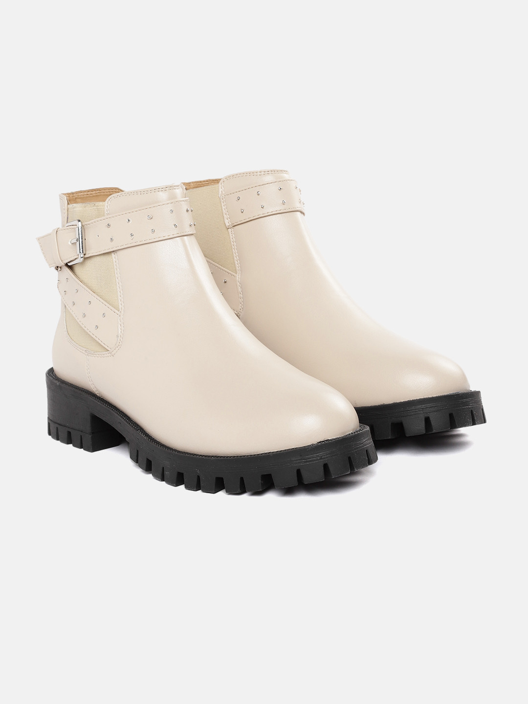 

Roadster Women Beige Solid Mid-Top Block Heel Chelsea Boots with Buckle Detail