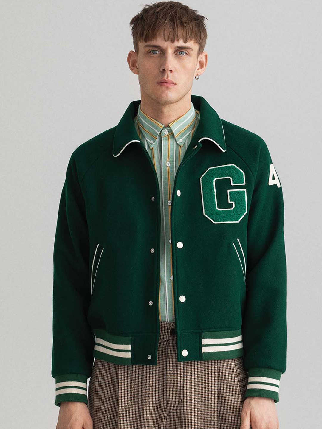 

GANT Men Green Striped Crop Varsity Jacket