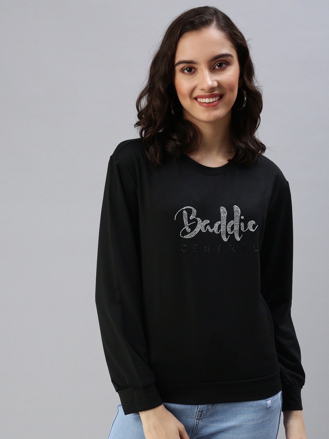 

SHOWOFF Women Black Printed Cotton Sweatshirt
