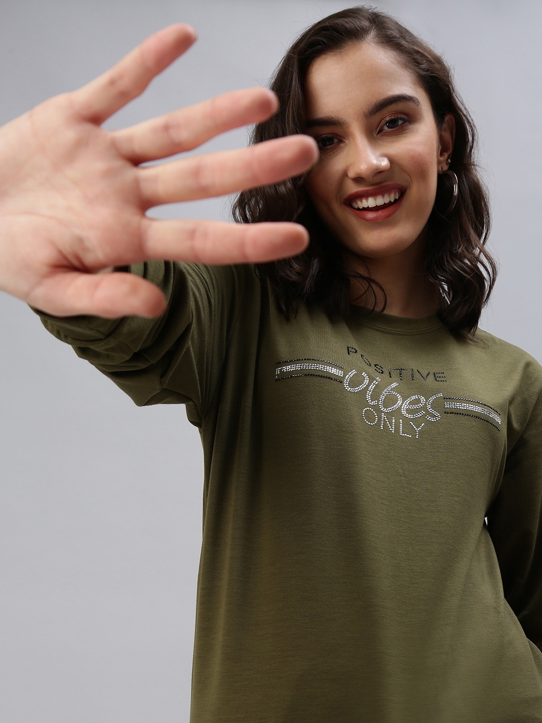 

SHOWOFF Women Olive Green Round Neck Cotton Typography Sweatshirt