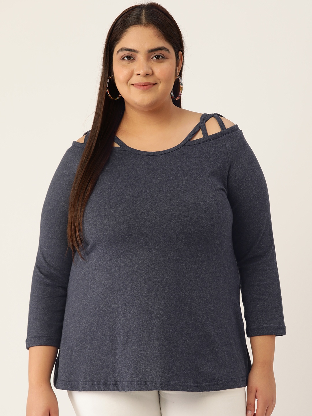 

theRebelinme Navy Blue Solid Plus Size Cotton Top