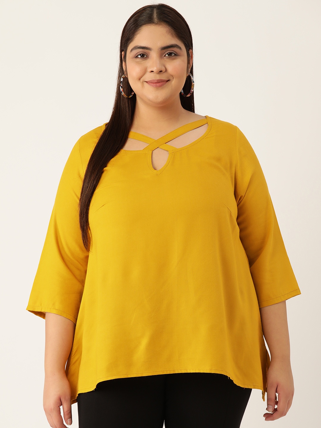 

theRebelinme Mustard Yellow Keyhole Neck Plus Size Top