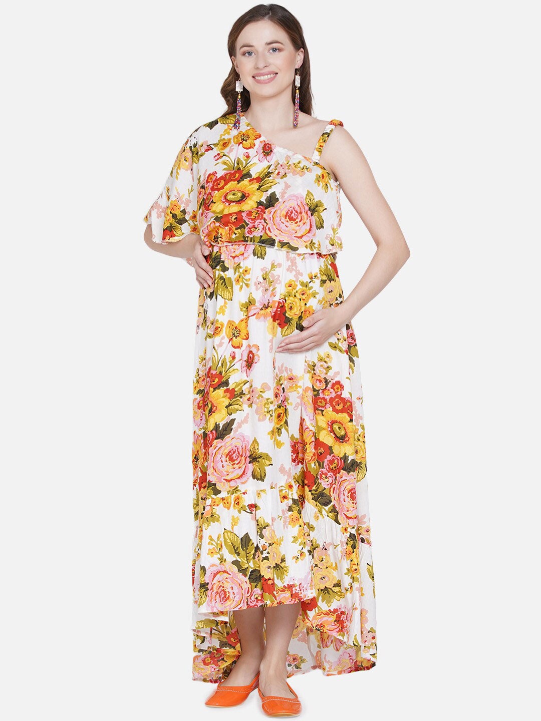

Mine4Nine White & Mustard Yellow Floral One Shoulder Maternity Maxi Dress