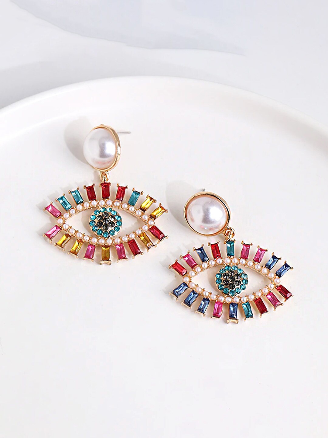 

Yellow Chimes Multicoloured Crystal Studded Evil Eye Stud Drop Earrings, White