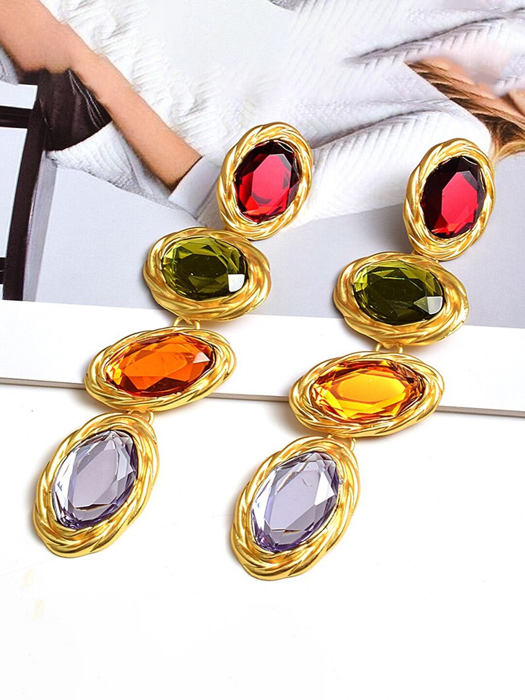 

Yellow Chimes Multicolor Crystal Hanging Drop Dangler Earrings, Multi