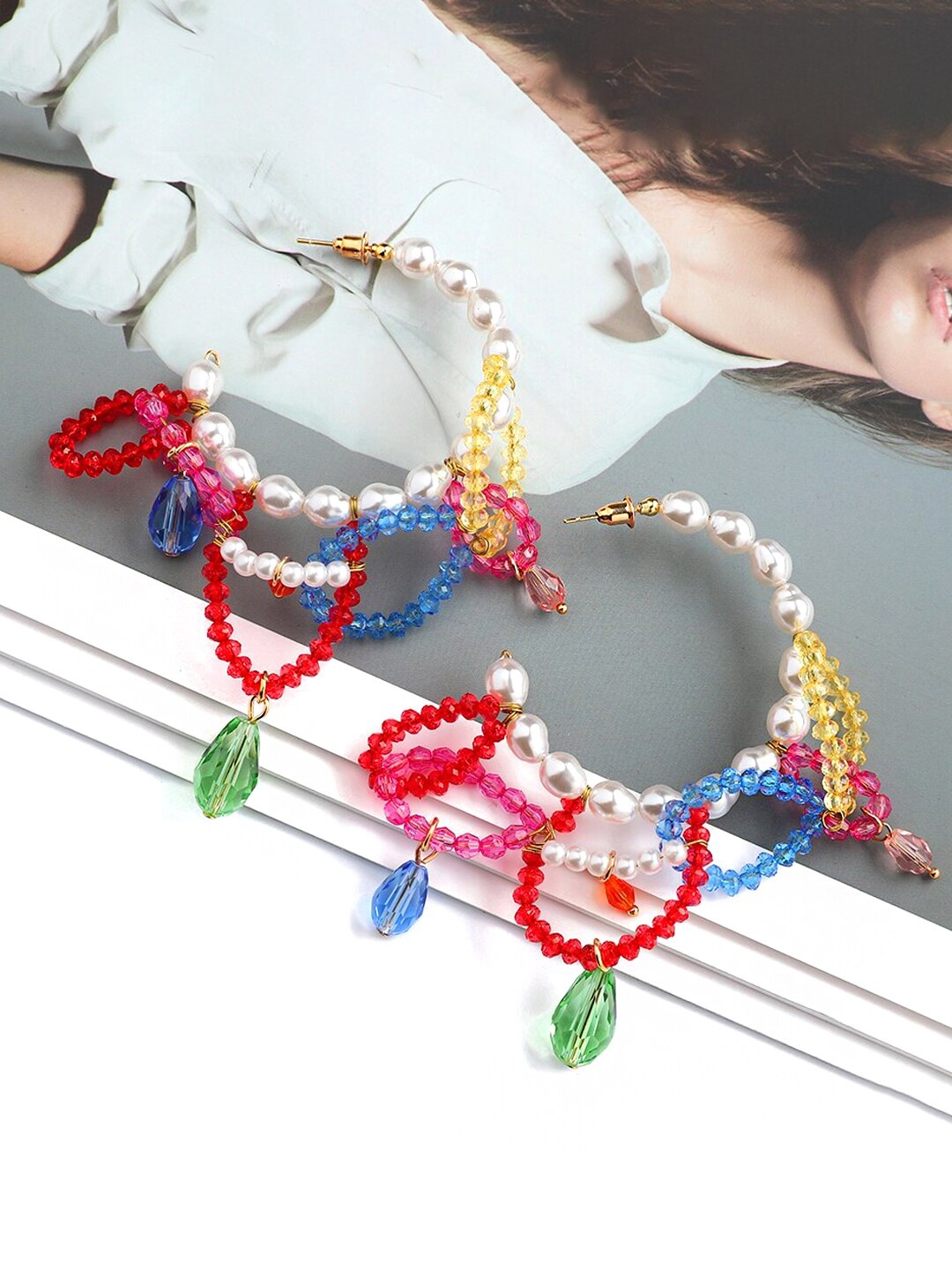 

Yellow Chimes Multicolor Beads Hanging Round Hoop Earrings, Multi