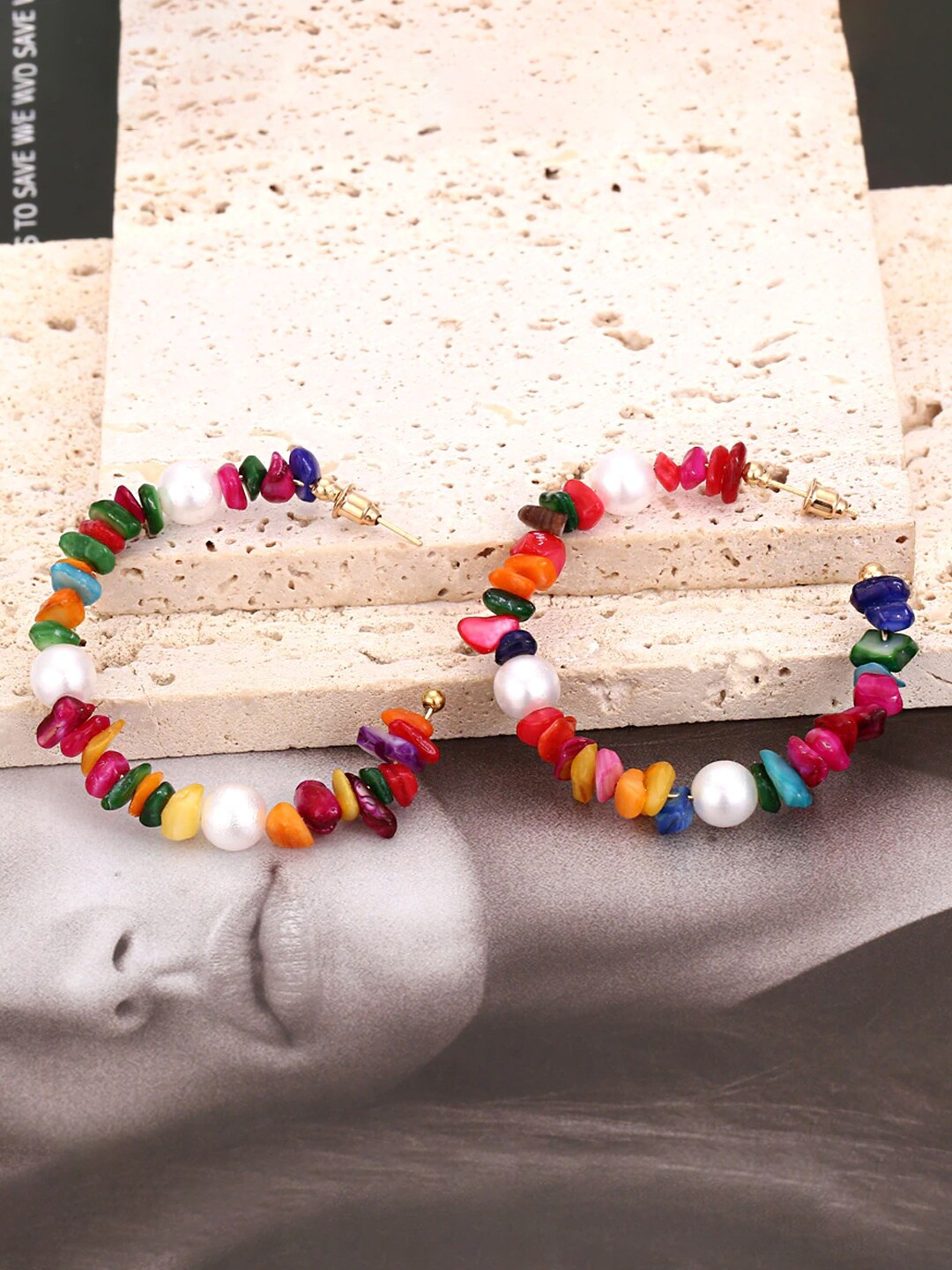 

Yellow Chimes Multicoloured Bohemian Bead Half Hoop Earrings, Multi