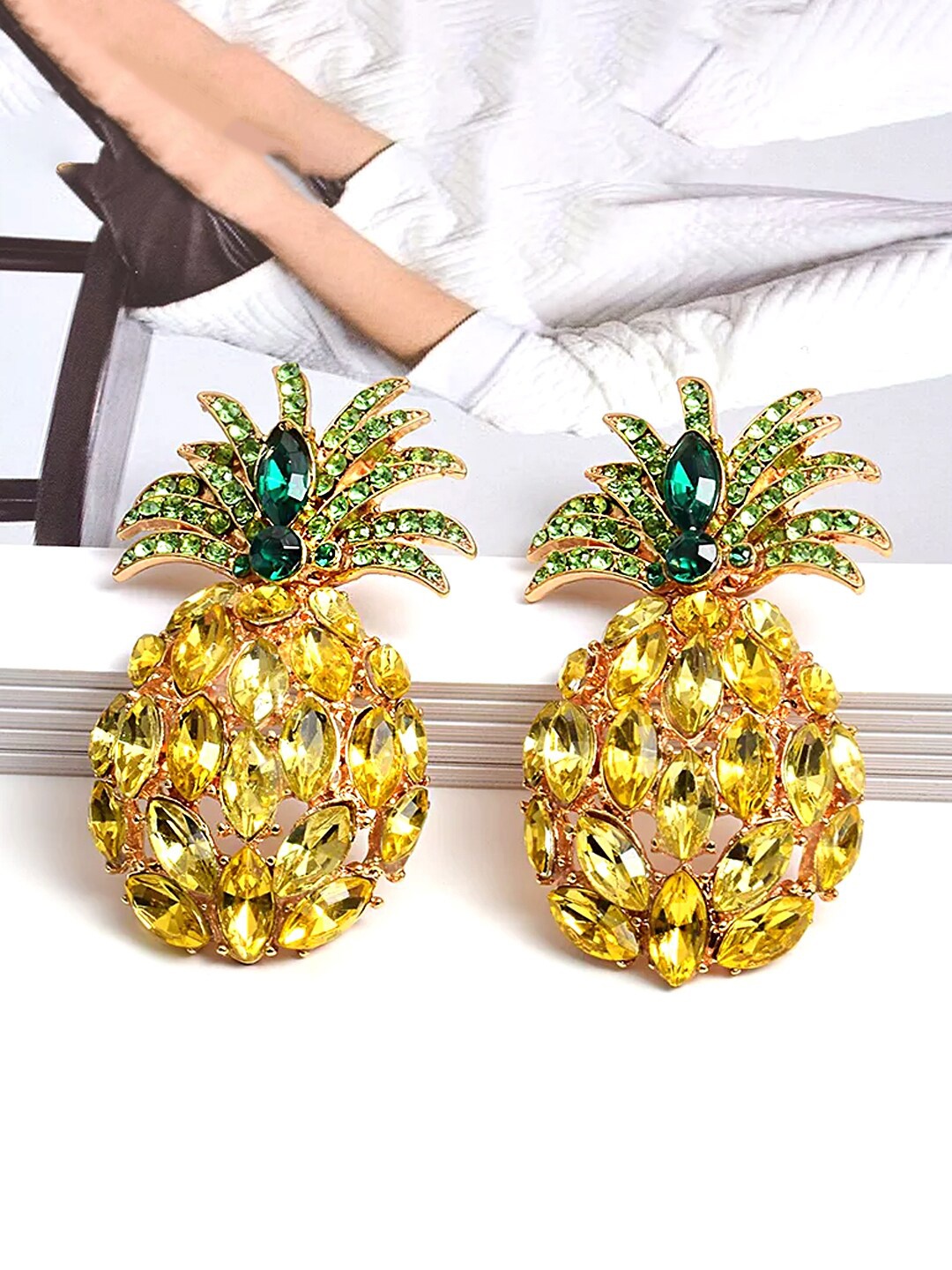 

Yellow Chimes Crystal Studded Pineapple Stud Drop Earrings