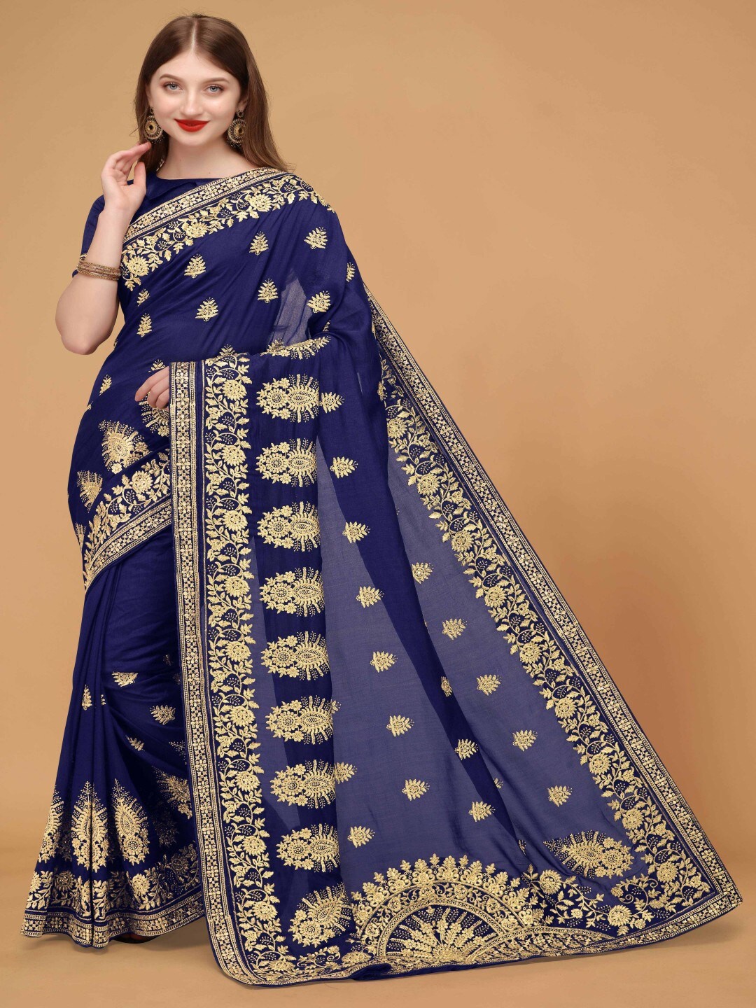 

Monrav Navy Blue & Gold-Toned Ethnic Motifs Embroidered Silk Blend Saree