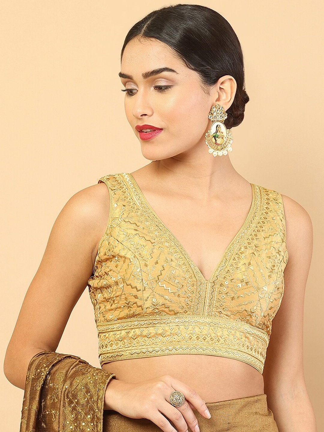 

Soch Golden Embellished Saree Padded Blouse, Gold