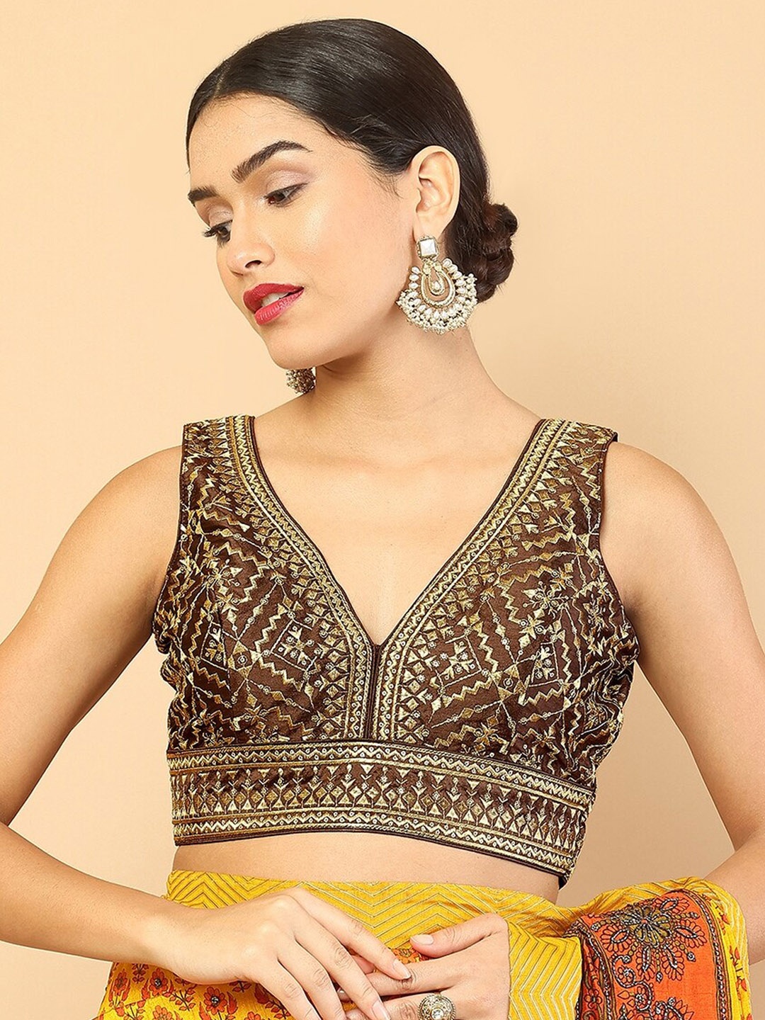 

Soch Brown Embellished Padded Silk Saree Blouse