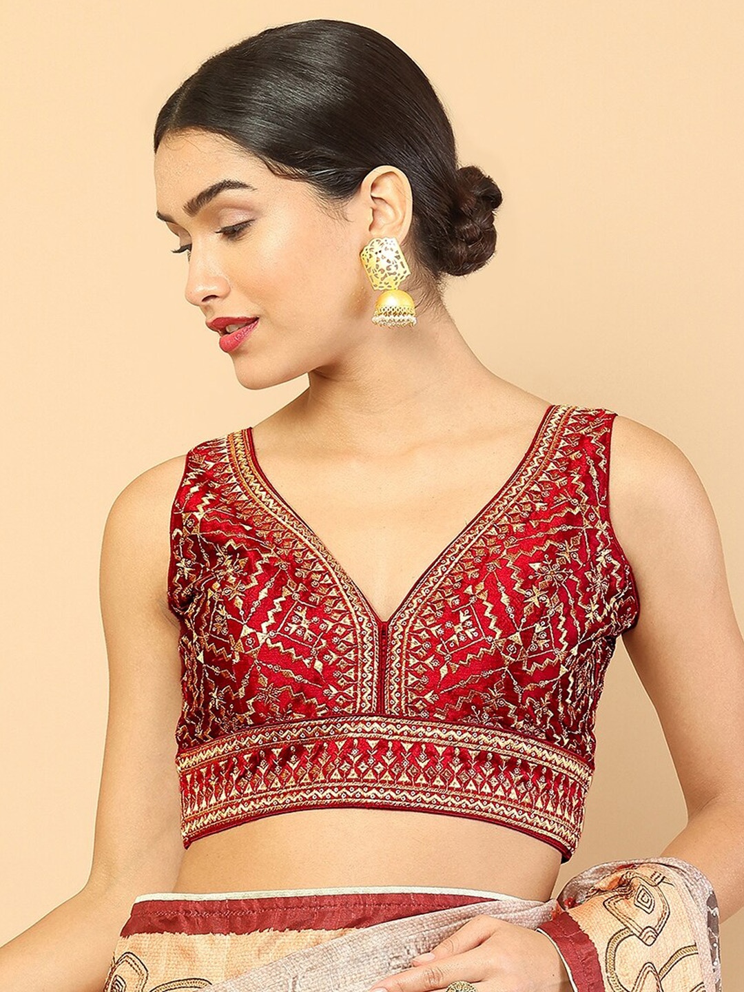 

Soch Maroon & Gold-Toned Embroidered Silk Saree Blouse