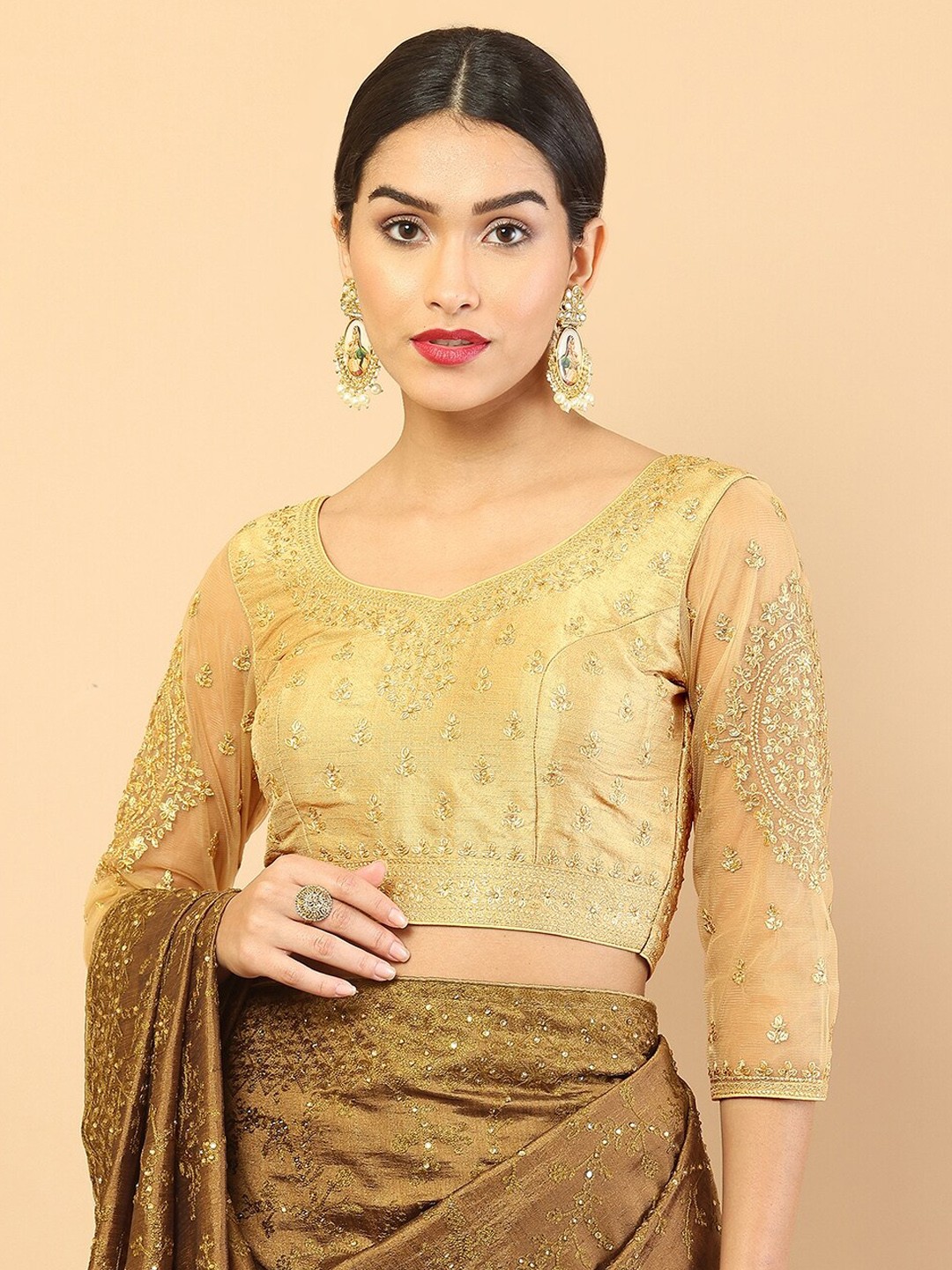 

Soch Golden Embroidered Padded Silk Saree Blouse, Gold