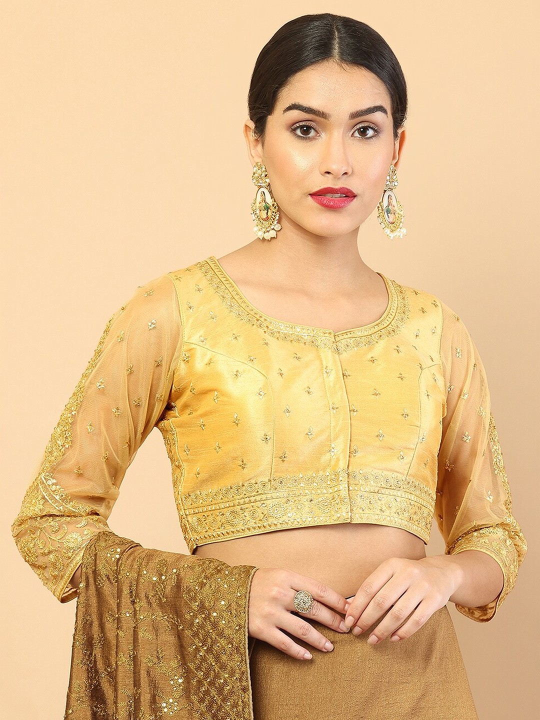 

Soch Women Gold-Coloured Embroidered Saree Blouse