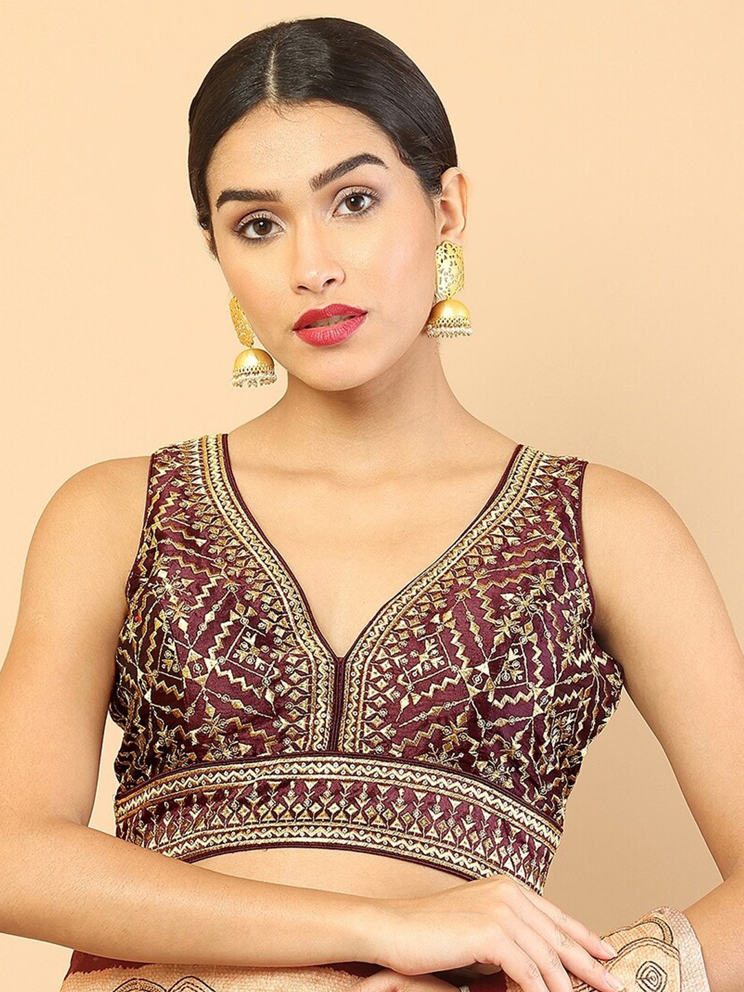 

Soch Women Maroon & Gold-Toned Embroidered Readymade Saree Blouse