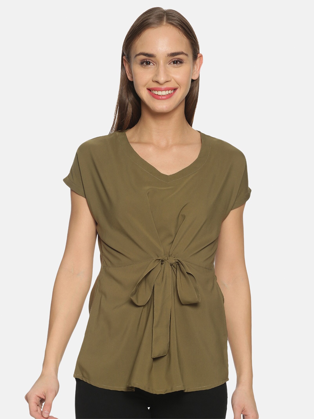 

GLORY & I Olive Green Extended Sleeves Crepe Top