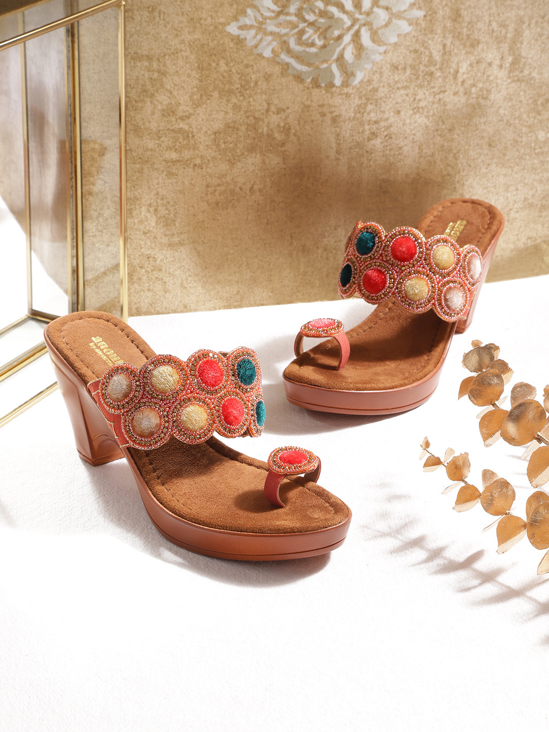 

Anouk Brown & Pink Ethnic Embellished Handcrafted One-Toe Platform Heels