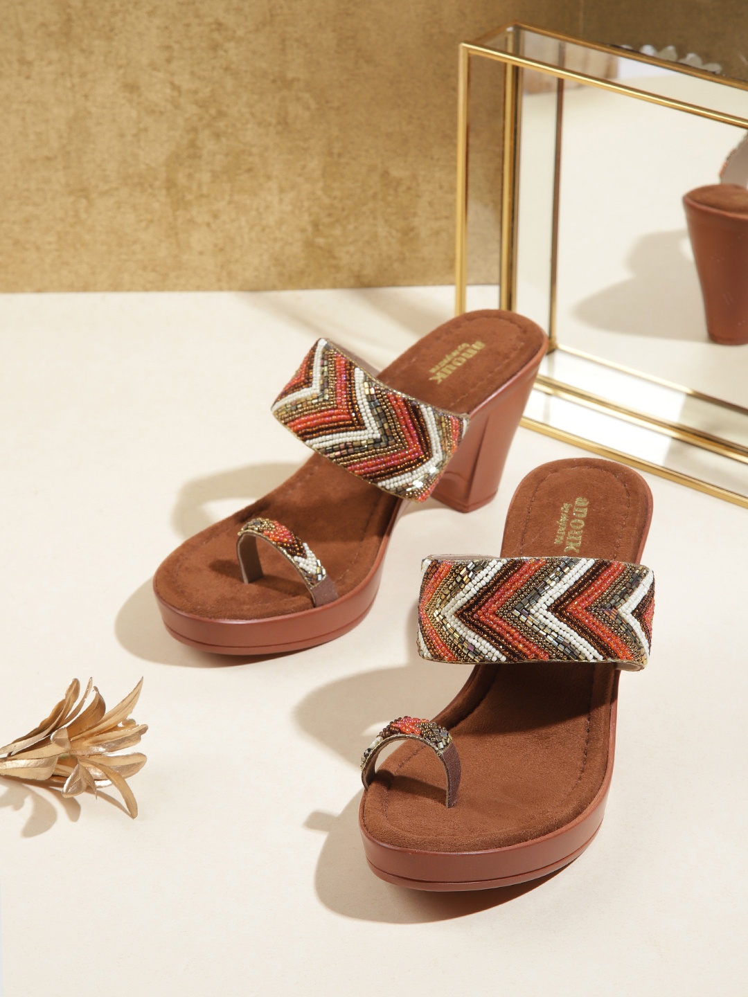 

Anouk Brown & White Ethnic Embellished Handcrafted One-Toe Platform Heels