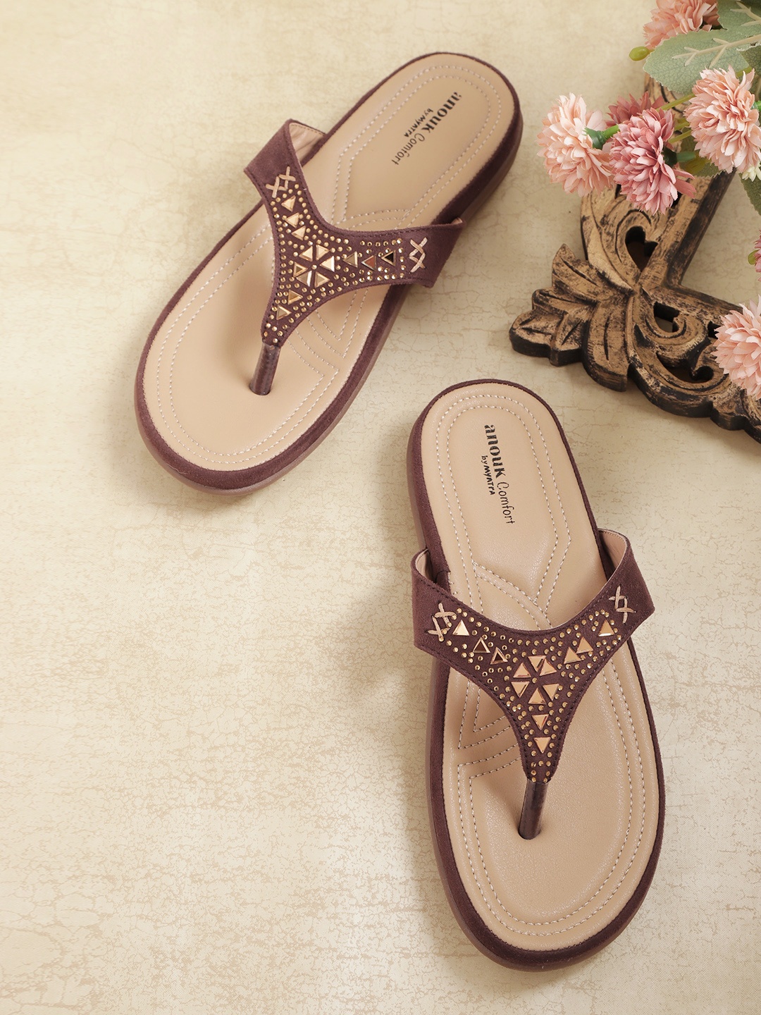 

Anouk Women Brown Stone Embellished Open Toe Flats