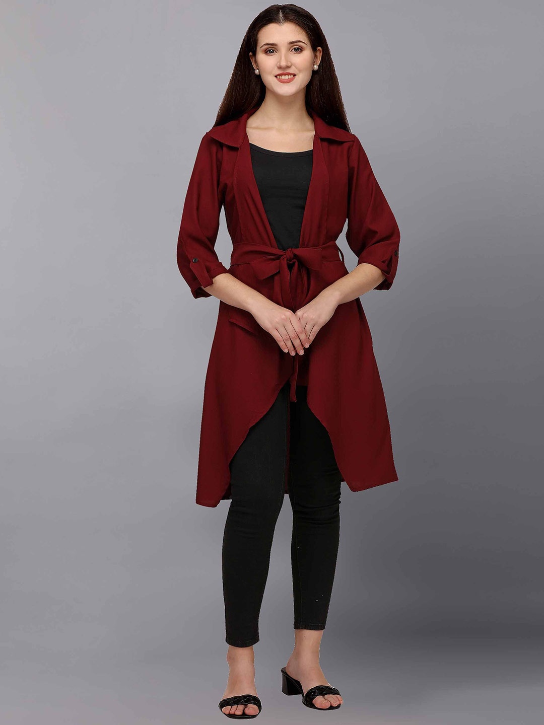 

Fashfun Women Maroon Solid Belted Shrug