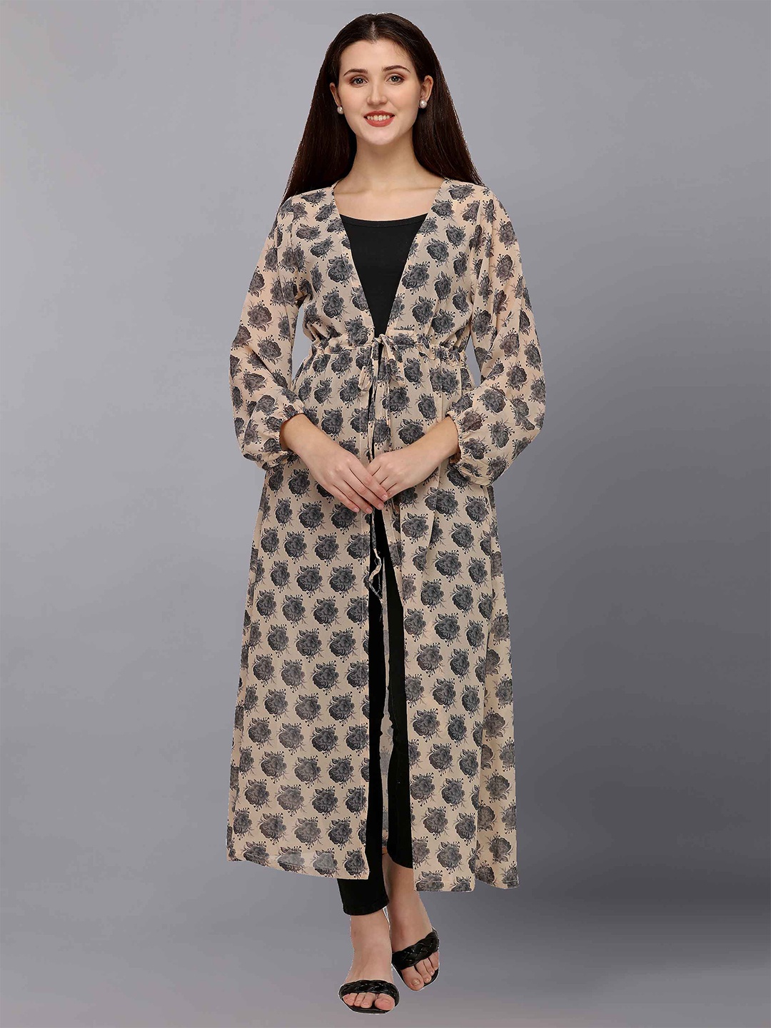 

Fashfun Women Beige & Black Printed Longline Shrug