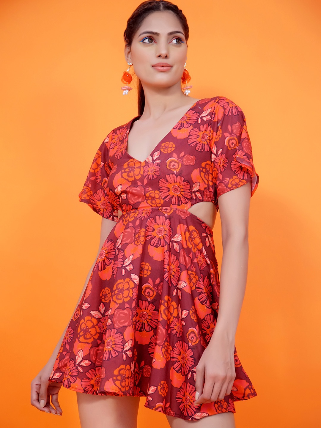 

Stylecast X Hersheinbox Women Brown & Pink Floral Mini Fit and Flare Dress