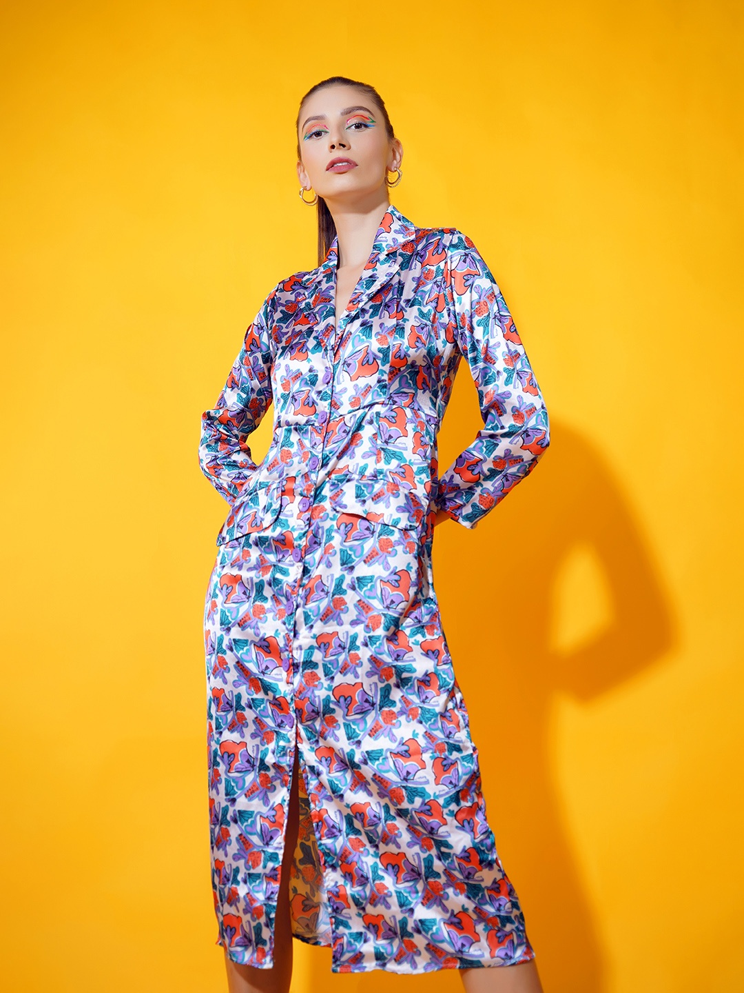 

Stylecast X Hersheinbox Women Multicoloured Satin Shirt Midi Dress, Multi