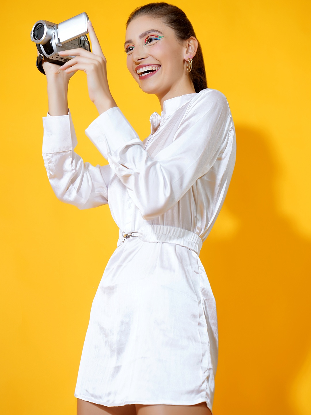 

Stylecast X Hersheinbox Women White Solid Shirt Mini Dress With a Belt