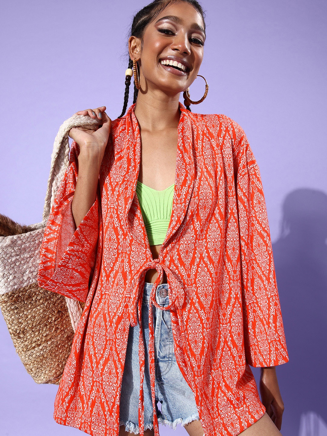 

Stylecast X Hersheinbox Women Bright Orange Printed Fluid Tie-Up Shrug