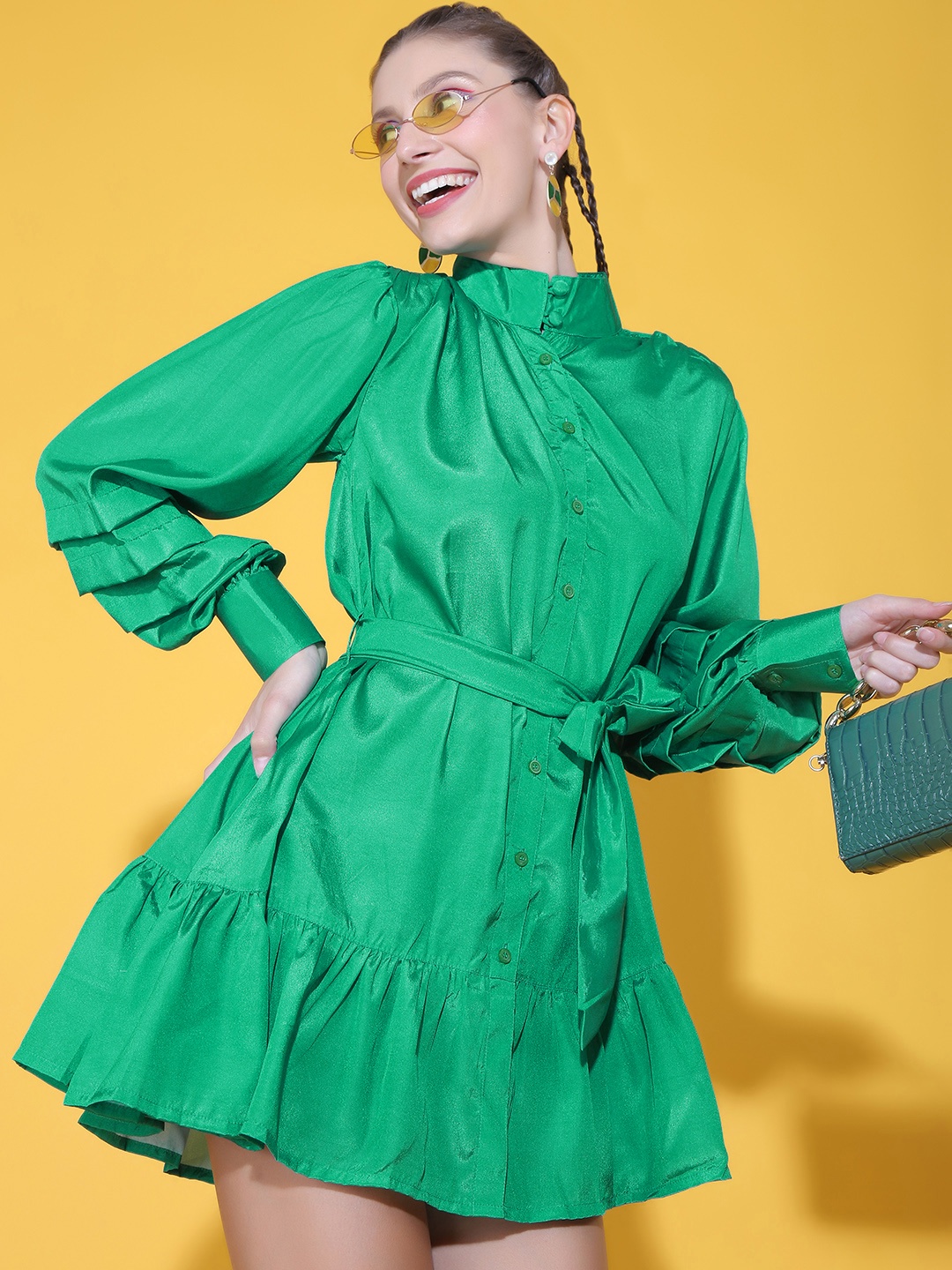 

Stylecast X Hersheinbox Women Green Solid Fit & Flare Belted Mini Dress