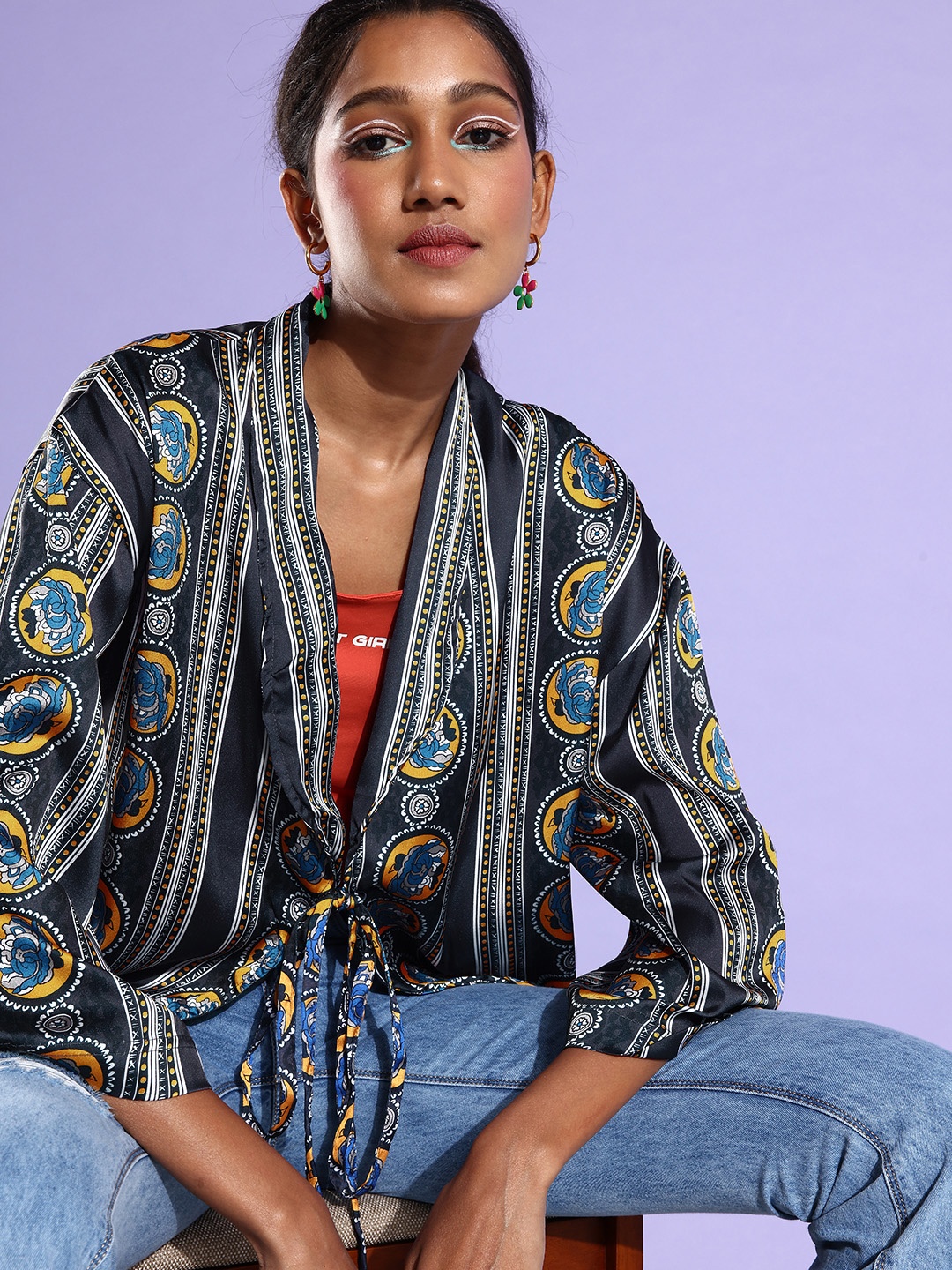 

Stylecast X Hersheinbox Striking Charcoal Ethnic Motifs Fluid Tie-Up Top