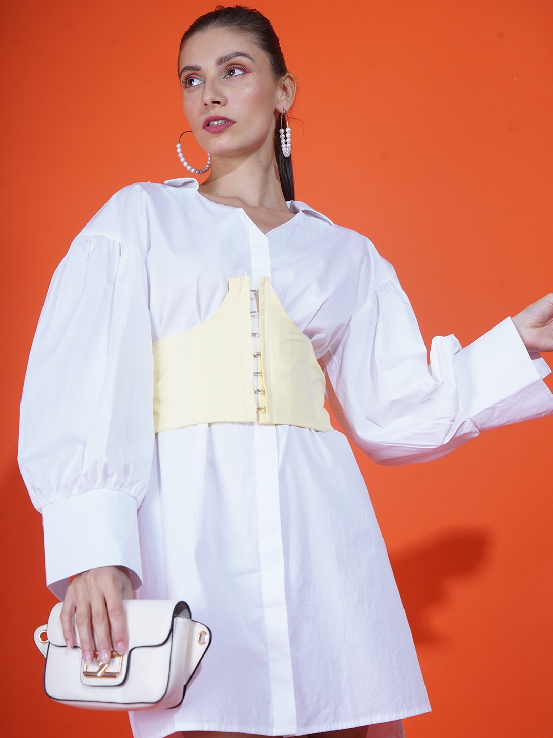 

Stylecast X Hersheinbox Women White Solid Pure Cotton Shirt Dress With Waist Belt