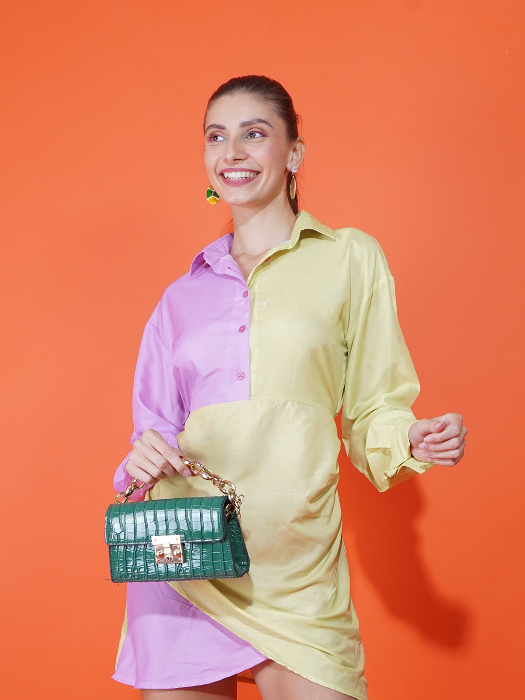 

Stylecast X Hersheinbox Women Green & Pink Colourblocked Satin Shirt Mini Dress, Fluorescent green